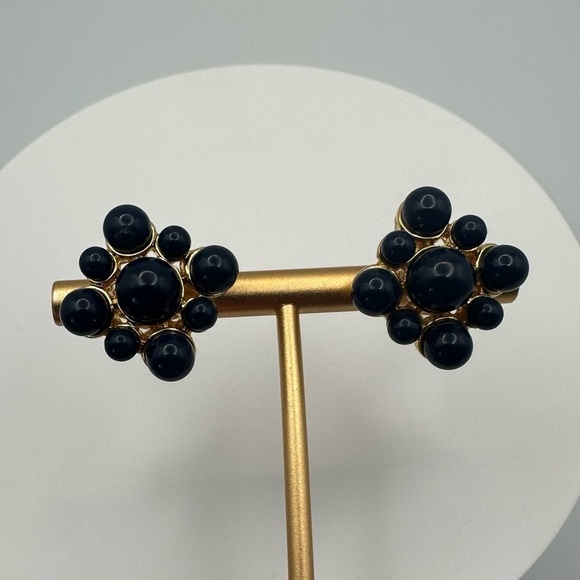 Vintage Monet Navy Blue & Gold Cluster Earrings – Glossy Bead Design - Picture 6 of 15